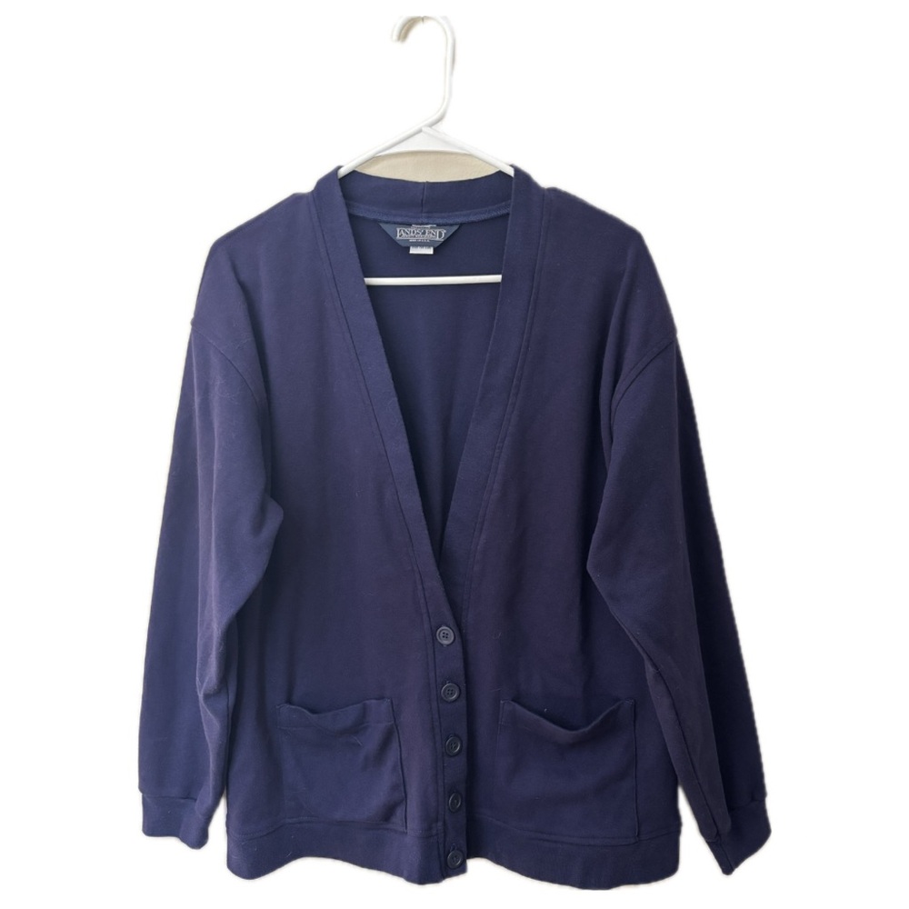 Vintage Lands’ End Button Cardigan Women’s L Navy Blue 100% Cotton Made USA